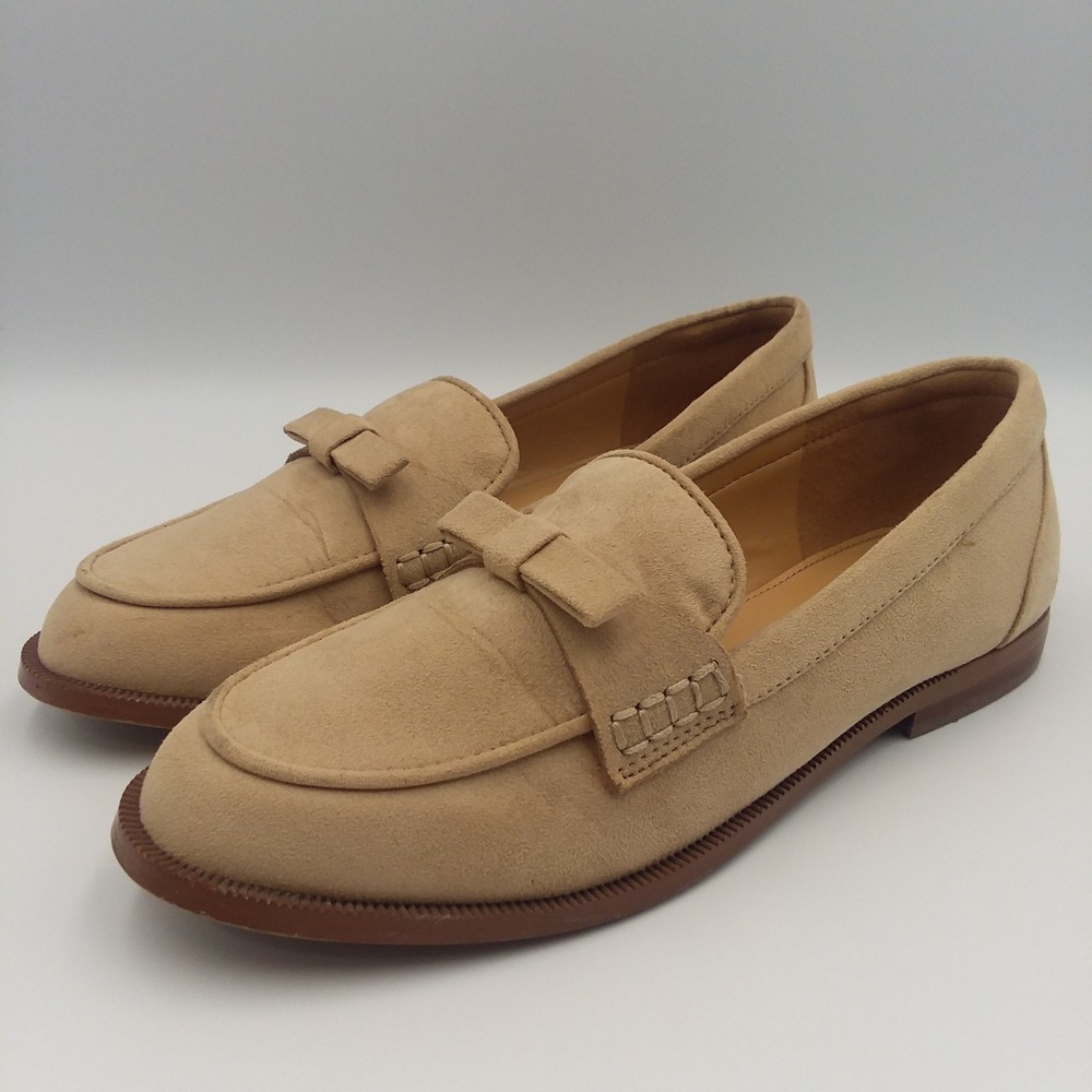 J. Crew Women's 6.5 Suede Bow Loafers Light Khaki Casual Slip On Shoes Moc Toe‎